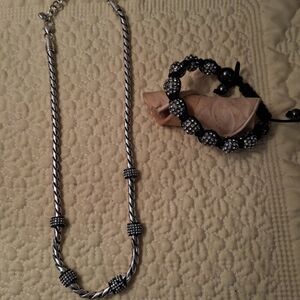 Brighton Silver-Tone Twisted Chain Necklace with Black Pave Beads & Bracelet